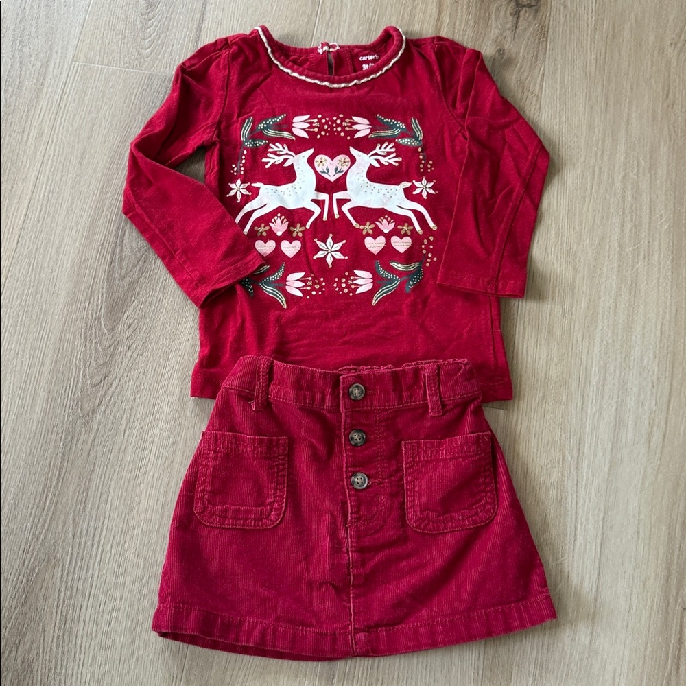 🎄Carter's Festive Red Long Sleeve Tee + Corduroy mini Skirt